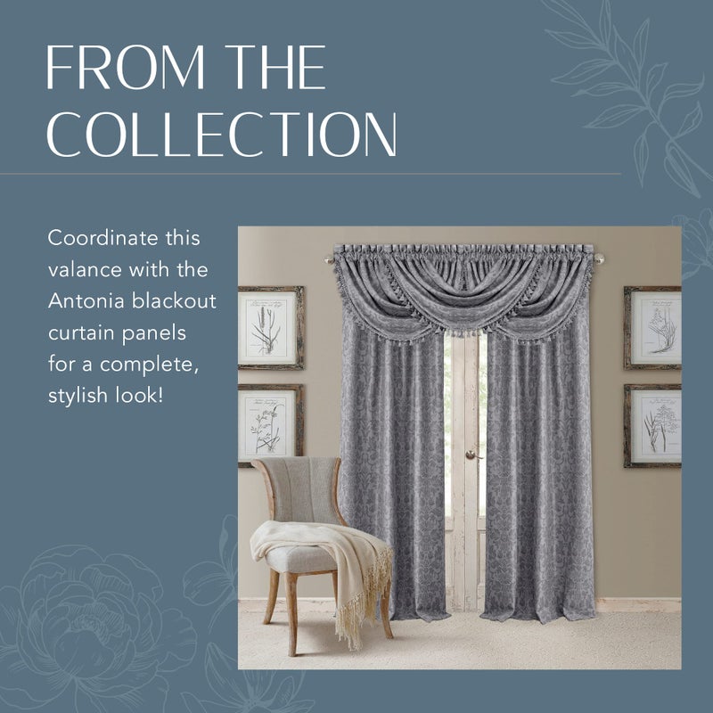 Elrene Home Fashions Antonia Floral Damask Waterfall Window Valance with Tassels, 52"x36", Silver - Image 5